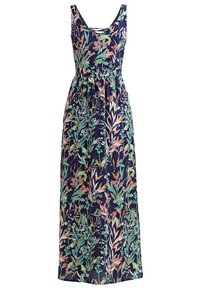 Robe maxi sans manches bleu marine avec motif floral et feuilles multicolores, taille cintrée et encolure ronde avec détail croisé.