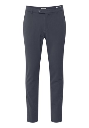 Schneiderhosen in dunkelgrau. Hergestellt aus weichem Stoff, mit Knopfverschluss, Reißverschluss und geradem Bein, mit klaren Linien und ohne Muster.