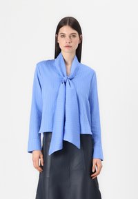 Bluză scurtă albastră cu guler legat, având dungi verticale albe. Mâneci lungi cu un fit relaxat. Textură a materialului neted.