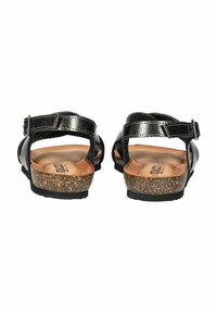 Černé kožené sandály s nastavitelnou sponou, korkovou stélkou a strukturovanou podrážkou. Mají zádový pásek a otevřenou špičku.