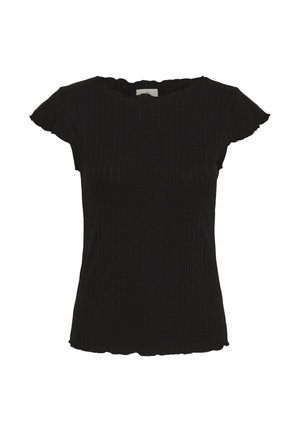 Top nero a maniche corte a coste con bordi smerlati su maniche, scollatura e orlo, mostrato su uno sfondo bianco semplice.