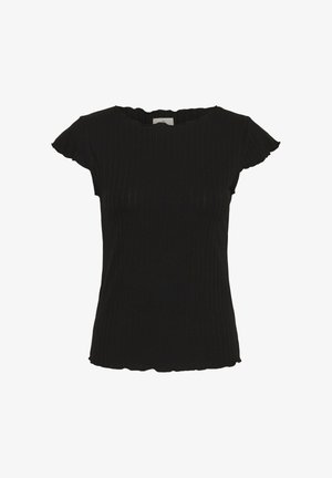 Top nero a maniche corte a coste con bordi smerlati su maniche, scollatura e orlo, mostrato su uno sfondo bianco semplice.