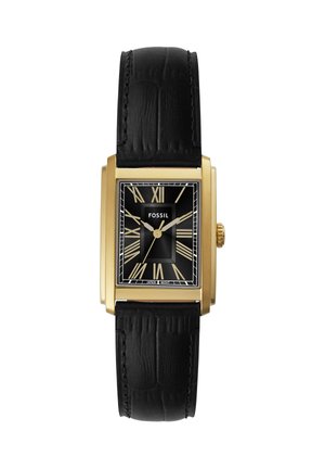 Rechteckige Fossil-Uhr in Goldoptik mit schwarzem Zifferblatt, goldenen römischen Ziffern, goldenen Zeigern und einem strukturierten schwarzen Lederarmband.