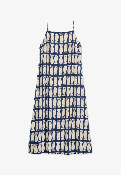 Navy blue dress with spaghetti straps, featuring a repeating white fish pattern. Made from lightweight fabric with a smooth texture.