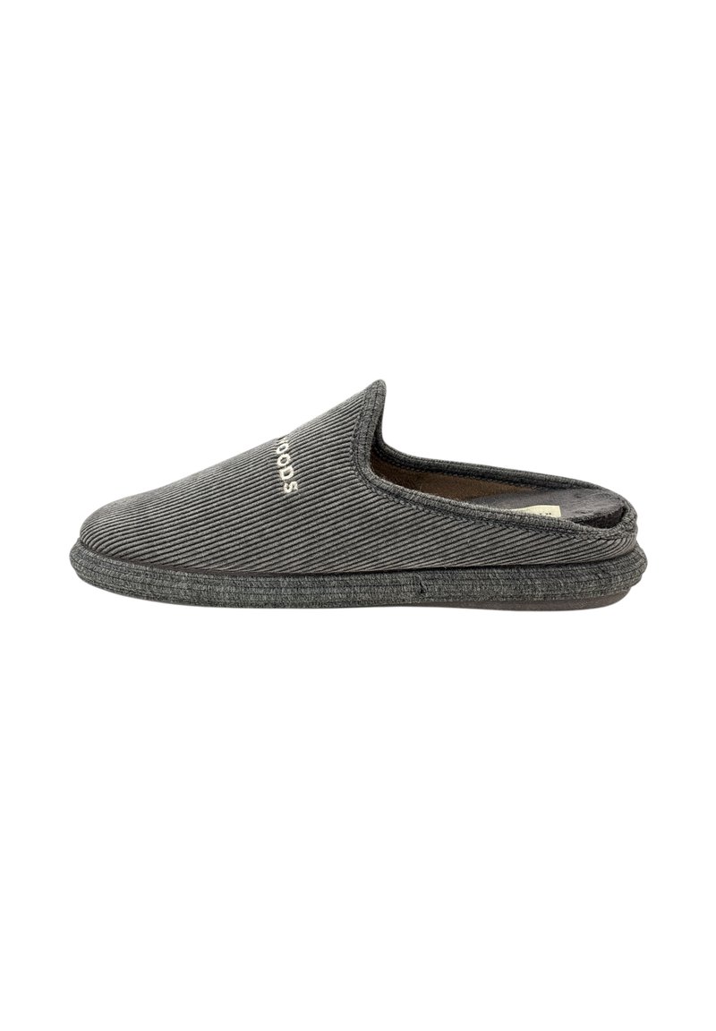 Grijze instap slippers met een getextureerd, geribbeld stofdesign. Beschikt over een zachte voering en een gevoerde zool voor comfort.