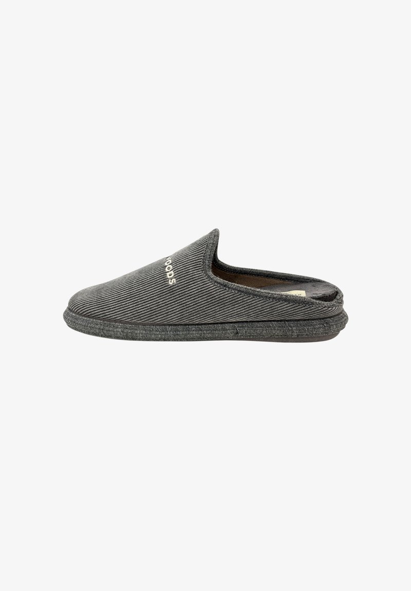 Grijze instap slippers met een getextureerd, geribbeld stofdesign. Beschikt over een zachte voering en een gevoerde zool voor comfort.