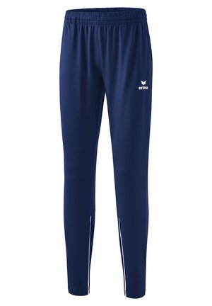 Navy athletische Jogginghosen aus leichtem Material. Sie verfügen über einen elastischen Bund, eine schmale Passform und weiße seitliche Streifen mit einem Logo auf der Vorderseite.