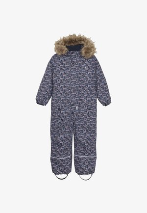 Navy blue winter overall with a floral pattern in pink and white. Fuzzy hood trim, elastic cuffs, and foot straps. Insulated fabric for warmth.