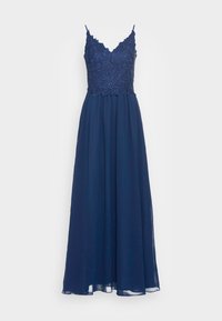 Námořnická modrá večerní toaleta bez rukávů s krajkovým korzetem, ramínky typu spaghetti, výstřihem do V a splývavou sukní z šifonu dosahující až na zem.