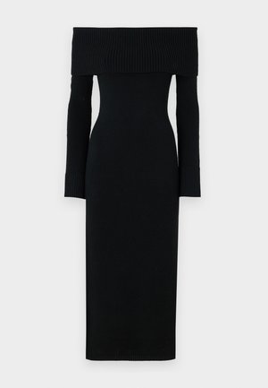 Black off-shoulder knit dress with long, fitted sleeves, ribbed texture at the neckline and sleeves, reaching mid-calf length.