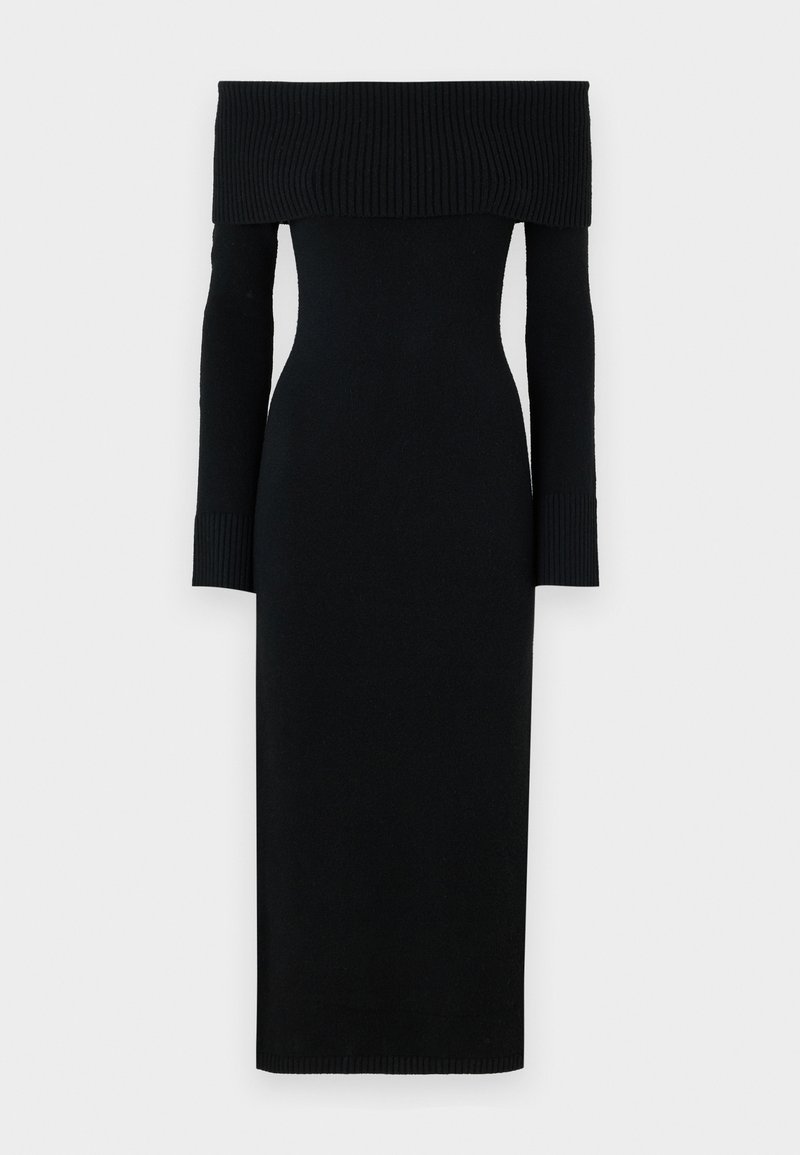 Schwarzes, schulterfreies Strickkleid mit langen, enganliegenden Ärmeln, geripptem Muster am Ausschnitt und an den Ärmeln, das bis zur Mitte der Waden reicht.
