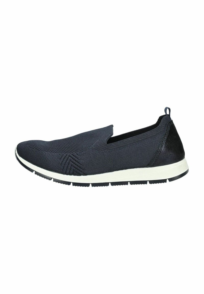 Scarpa slip-on in tessuto navy scuro con parte superiore testurizzata, suola intermedia bianca, accento nero sul tallone e suola in gomma flessibile.