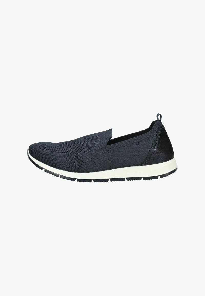 Zapatilla sin cordones en tejido azul marino oscuro con parte superior texturizada, entresuela blanca, acento negro en el talón y suela de goma flexible.