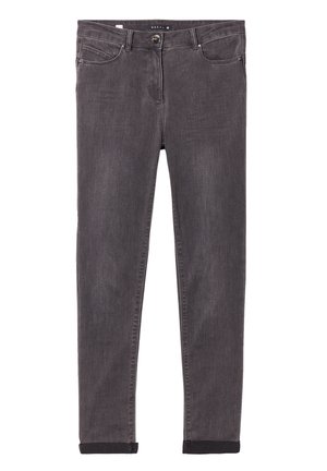 Graue Skinny-Jeans aus Denim mit fünf Taschen, vorderem Knopfverschluss und umgeschlagenen Säumen. Glatte Textur mit subtilen Nähten.