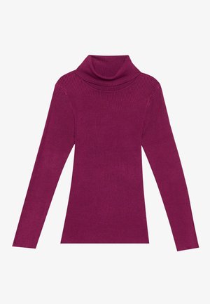 Haut col roulé côtelé en magenta profond. Manches longues et coupe ajustée avec une surface texturée. Tissu tricot doux, idéal pour le superposition.