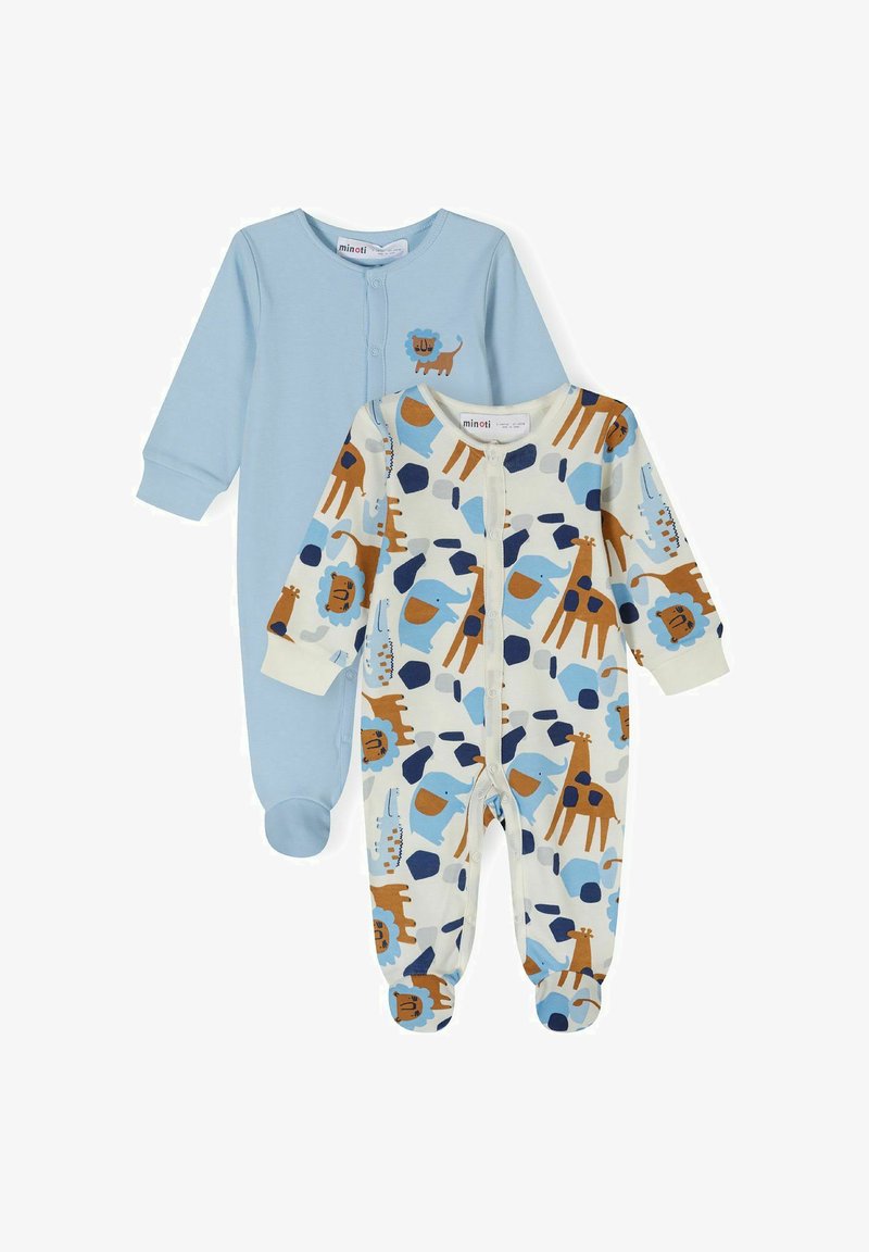 To baby heldragter: en ensfarvet lys blå og en cremefarvet med et farverigt dyremønster i brun, blå og orange. Designet med trykknapper.