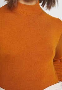 Oranger gestrickter Rollkragenpullover mit strukturiertem Rippmuster und figurnahe Passform. Die Ärmel wirken nahtlos und schmal geschnitten.
