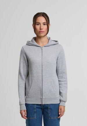 Grauer Reißverschluss-Hoodie aus weichem Stoff mit einer Vordertasche und einer Kapuze mit Kordelzug. Verfügt über gerippte Bündchen und Saum für eine enge Passform.