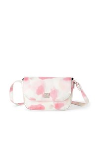 Borsa a tracolla con motivo floreale bianco e rosa, logo metallico, chiusura a patta, tracolla regolabile e materiale sintetico liscio.