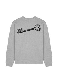 Felpa grigia con maniche lunghe, caratterizzata da un design a chiave ricamato in nero e un dettaglio "M", tessuto testurizzato e polsini a costine.