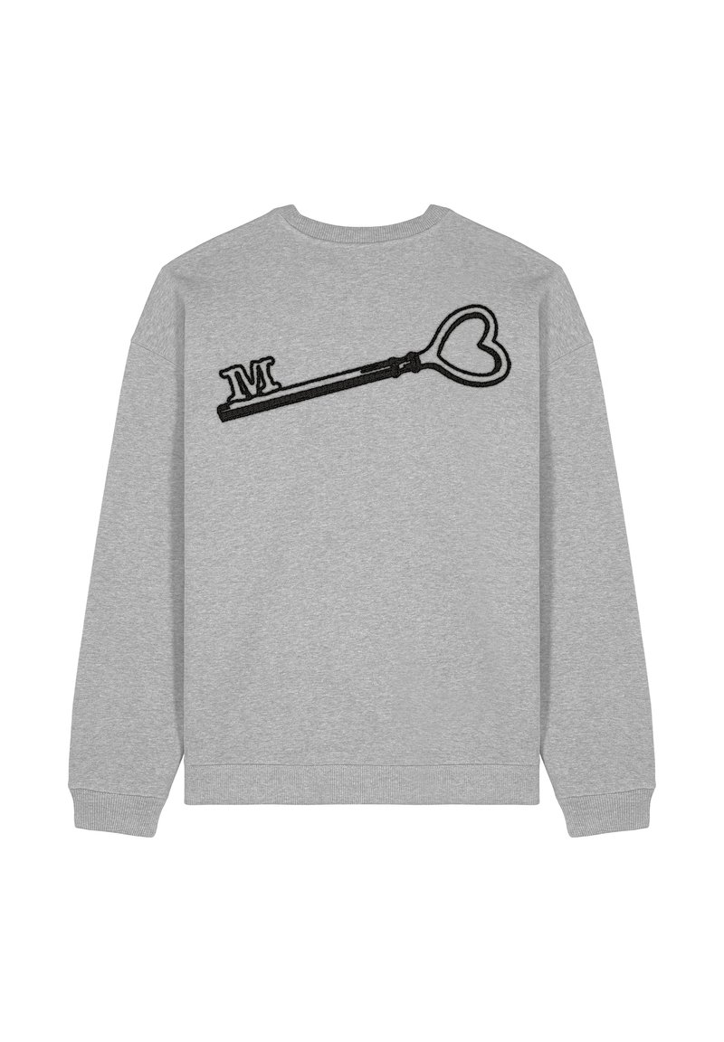 Felpa grigia con maniche lunghe, caratterizzata da un design a chiave ricamato in nero e un dettaglio "M", tessuto testurizzato e polsini a costine.