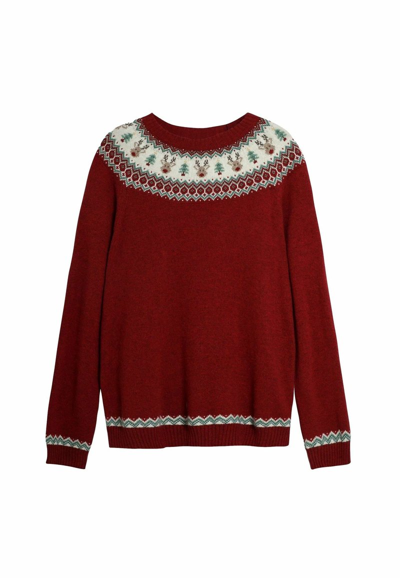 Pulover tricotat roșu cu un model Fair Isle alb, având copaci verzi. Manșete și tiv ribbate, cu accente geometrice în alb și verde.