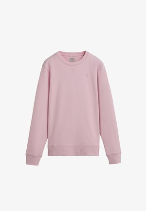 Helles rosafarbene Sweatshirt aus weichem Stoff, mit Rundhalsausschnitt, langen Ärmeln und kleinem gesticktem Logo auf der Brust.