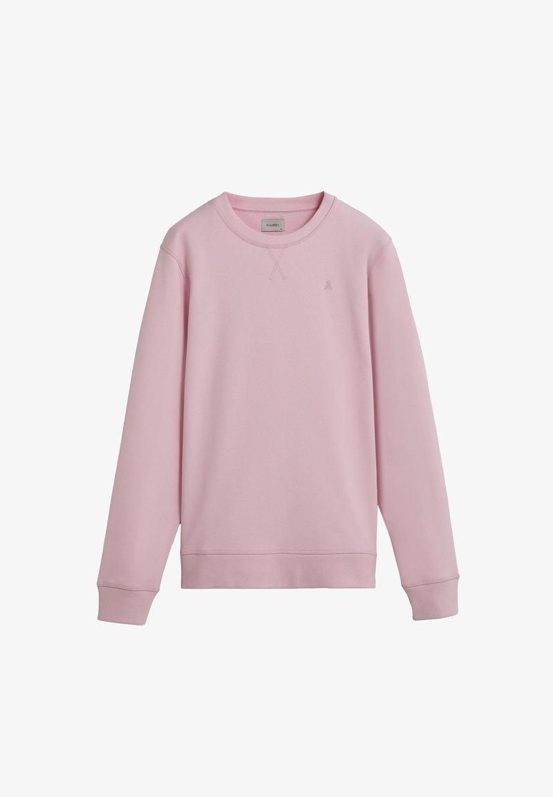 Felpa rosa chiaro realizzata in morbido tessuto, con colletto a girocollo, maniche lunghe e un piccolo logo ricamato sul petto.