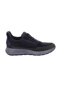 Navy athletic shoes with a mix of smooth and textured materials, featuring lace-up closure, grey accents, and a cushioned sole.