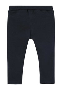 Granatowe legginsy wykonane z miękkiego, elastycznego materiału. Posiadają elastyczny pas i przylegający krój. Brak wzorów i widocznych elementów metalowych.