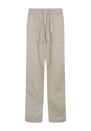 Lichtbeige, relaxed-fit broek met een elastische tailleband, koordsluiting en patchzakken, gemaakt van ademend materiaal en met een matte afwerking.