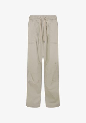 Lichtbeige, relaxed-fit broek met een elastische tailleband, koordsluiting en patchzakken, gemaakt van ademend materiaal en met een matte afwerking.
