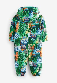 Colorful children's snowsuit featuring a dinosaur and foliage pattern. Made from smooth fabric with a hood and elasticated cuffs for closure.