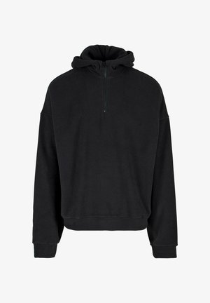 Schwarze Fleece-Hoodie mit Reißverschluss am Hals, lockerer Passform, gerippten Bündchen und einer weichen Textur. Keine grafischen Designs oder zusätzlichen Akzente.