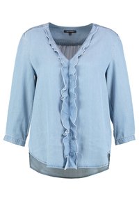 Helle blaue Jeansbluse mit V-Ausschnitt, Rüschendetail in der Mitte und 3/4-Ärmeln. Hat einen abgerundeten Saum und subtile Nahtakzente.