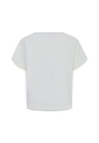 T-shirt bianco a maniche corte con scollatura rotonda, caratterizzato da una texture liscia e una vestibilità morbida, senza motivi o dettagli visibili.