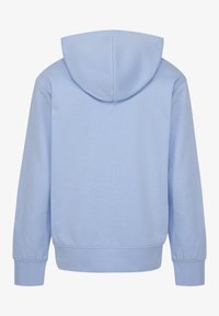 Felpa azzurra chiara realizzata in tessuto morbido, con cappuccio, maniche lunghe e polsini e orlo a costine. Nessun design o motivo visibile sul davanti.