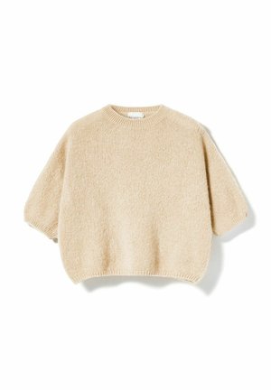 Suéter beige de punto, de manga corta, con cuello redondo y puños y dobladillo acanalados, mostrado sobre un fondo blanco.