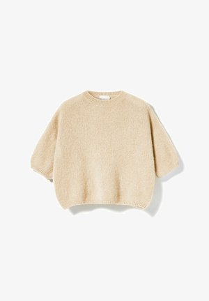 Pulover bej tricotat cu mâneci scurte, guler rotund și manșete și tiv striate, prezentat pe un fundal alb.