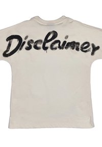 T-shirt in cotone color crema con maniche corte. Sul retro presenta un grande testo sprayato di nero "Disclaimer" con un effetto colante.