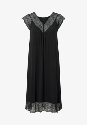 Czarna nocna sukienka z gładkiego materiału, ozdobiona koronkowymi akcentami na rękawach i dolnej krawędzi, z dekoltem w kształcie litery V oraz luźnym krojem.