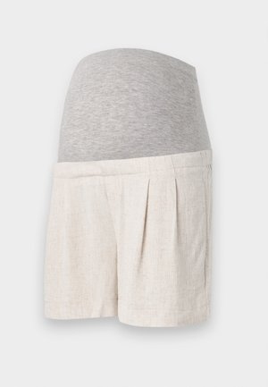 Tehotenské šortky svetlej béžovej farby z ľanového materiálu, s šedým elastickým pásom a detailmi v podobe záhybov pre pohodlie a flexibilitu.