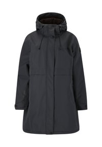 Giubbotto invernale lungo grigio scuro con cappuccio, chiusura frontale con zip coperta da una pattina con bottoni e cordini regolabili sul cappuccio.