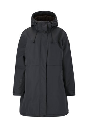 Donkergrijs lange winterjas met capuchon, voorrits bedekt met een met knopen sluitende flap, en verstelbare trekkingstrengen op de capuchon.