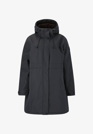 Donkergrijs lange winterjas met capuchon, voorrits bedekt met een met knopen sluitende flap, en verstelbare trekkingstrengen op de capuchon.