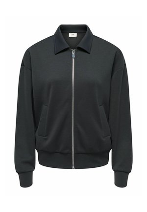 Veste bomber gris foncé avec fermeture éclair à l'avant, grand col, deux poches latérales, poignets côtelés et texture de tissu lisse.