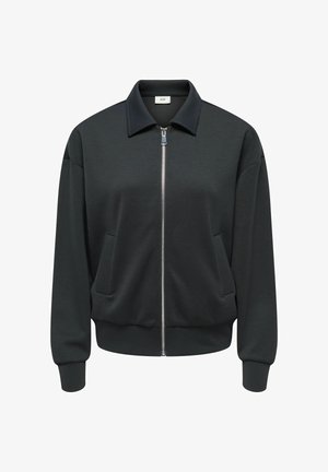 Veste bomber gris foncé avec fermeture éclair à l'avant, grand col, deux poches latérales, poignets côtelés et texture de tissu lisse.