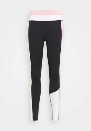 Musta leggingsit, joissa on vaaleanpunainen ja valkoinen vyötäröosa; sivuilla on vaalean vihreitä ja valkoisia värilohkoakselointeja. Sileä ja venyvä kangas.