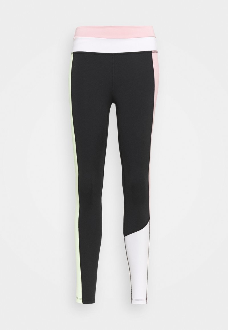 Leggings neri con una cintura rosa e bianca; presentano accenti a blocchi di colore in verde chiaro e bianco lungo i lati. Tessuto liscio e elasticizzato.