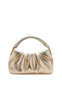 Borsa a mano metallica dorata con design arricciato, manico corto e texture liscia. Forma arrotondata con pieghe sottili nella parte frontale.